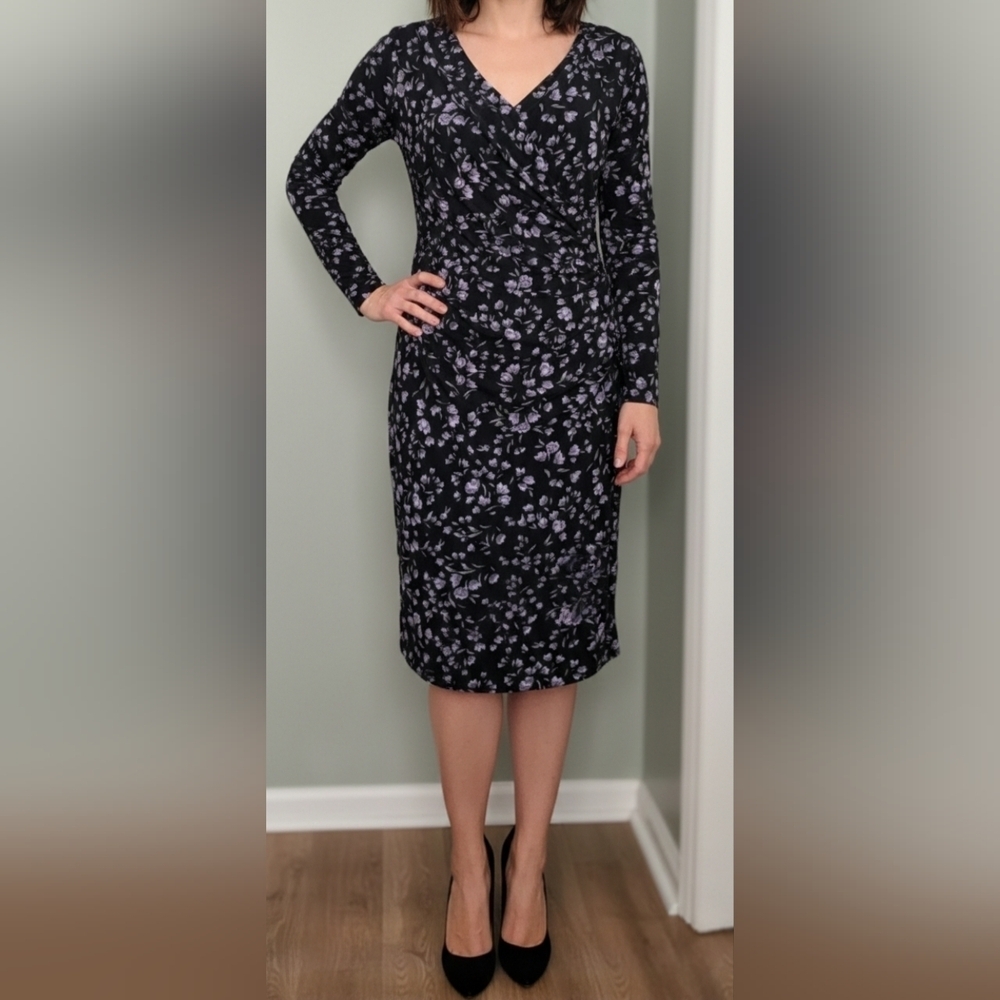 NWOT Black Chaps Floral Ikat Surplice Dress, Lavender Floral Print, Medium